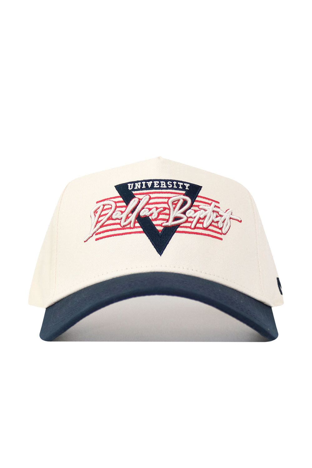 The No Rivals DBU Triangle Game Cap Hat is a white snapback with a navy blue brim, featuring a triangular emblem and "UNIVERSITY Dallas Batist" in red and white on the front. This licensed cap offers a structured, comfortable fit.