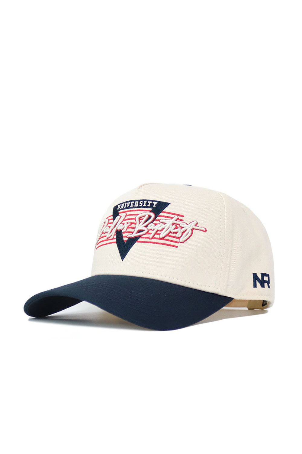 The No Rivals DBU Triangle Game Cap is a beige snapback hat with a navy brim, featuring an embroidered triangle and UNIVERSITY in red and white script on the front, plus NR stitched on the side. Structured fit ensures lasting style.