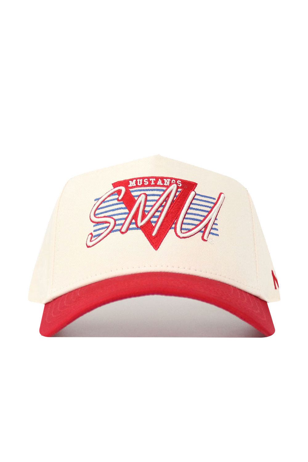 The No Rivals SMU Triangle Game Cap Hat is a cream-colored, structured baseball cap with a red brim, featuring bold SMU lettering and Mustangs in a red triangle with blue stripes. Officially licensed for classic Mustang style.