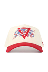 The No Rivals SMU Triangle Game Cap Hat is a cream-colored, structured baseball cap with a red brim, featuring bold SMU lettering and Mustangs in a red triangle with blue stripes. Officially licensed for classic Mustang style.