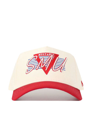 The No Rivals SMU Triangle Game Cap Hat is a cream-colored, structured baseball cap with a red brim, featuring bold SMU lettering and Mustangs in a red triangle with blue stripes. Officially licensed for classic Mustang style.