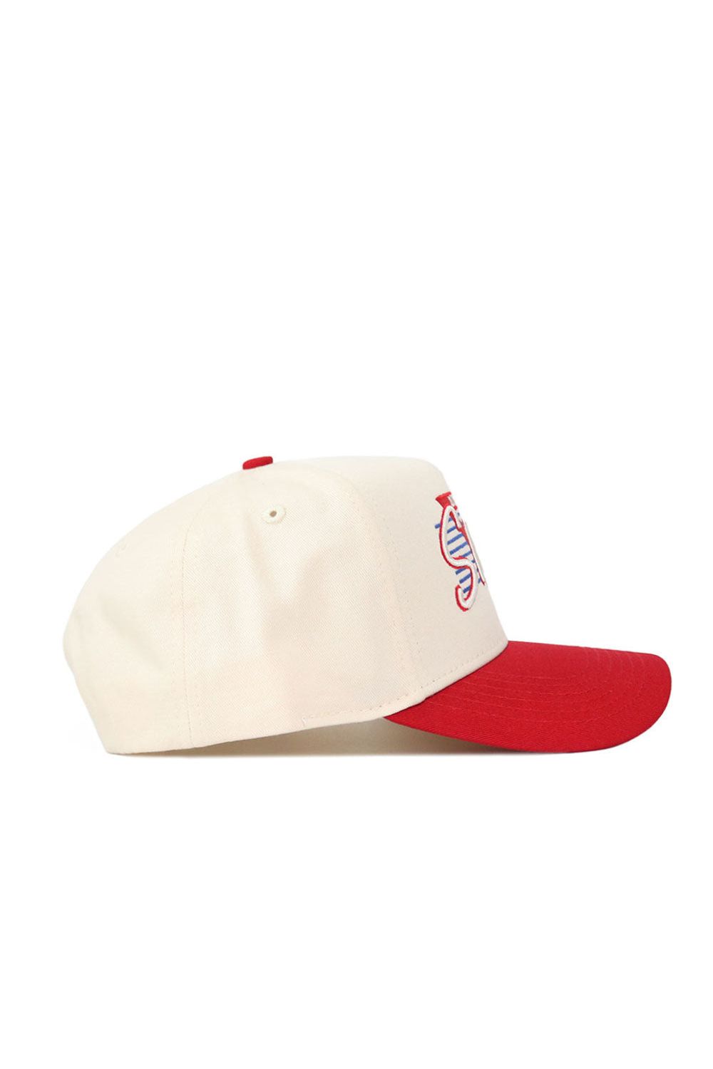 The No Rivals SMU Triangle Game Cap Hat is a cream snap back with a red brim, structured fit, and features a multicolored embroidered seahorse logo on the front panel. Shown in profile.