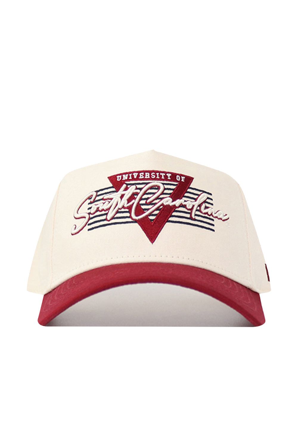 The No Rivals South Carolina Triangle Game Cap Hat is a beige and maroon snapback featuring "University of South Carolina" above a red triangle and stripes, crafted from high-quality cotton for a structured fit.