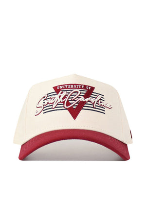 The No Rivals South Carolina Triangle Game Cap Hat is a beige and maroon snapback featuring "University of South Carolina" above a red triangle and stripes, crafted from high-quality cotton for a structured fit.