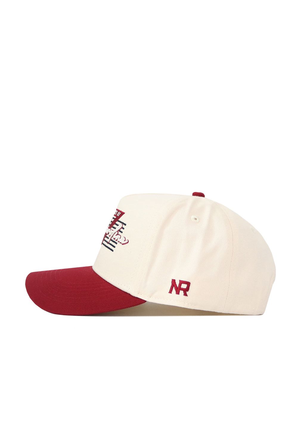 The South Carolina Triangle Game Cap Hat by No Rivals is a cream snapback with a structured fit, maroon brim and button, maroon embroidered front text, NR initials on the side, and crafted from high-quality cotton for lasting comfort.