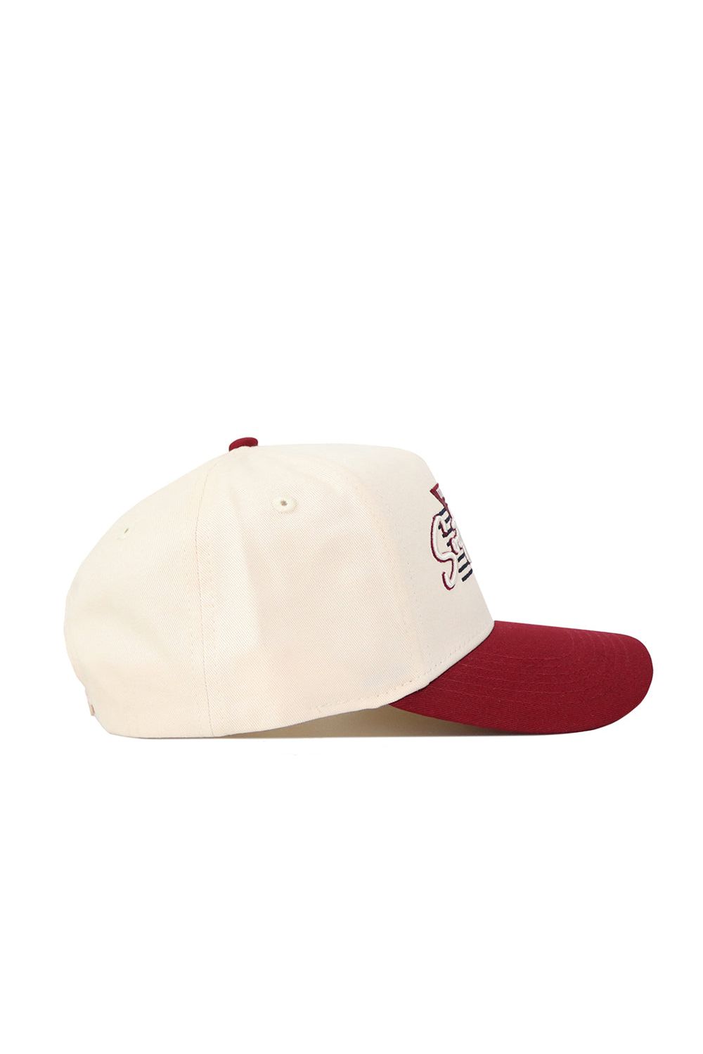 The No Rivals South Carolina Triangle Game Cap Hat features a cream crown, maroon brim, and stitched cat graphic on the side. Made from high quality cotton, this snapback is shown in side view against a white background.