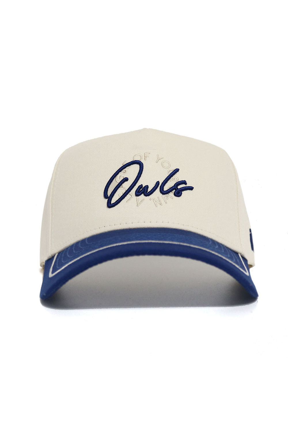 The No Rivals Rice Owls ALOYO Hat is a beige structured cotton cap with a blue brim and "Owls" in blue script on the front, accented by subtle circular text behind the main logo.