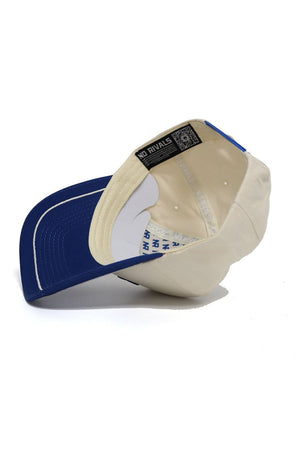 The Rice Owls ALOYO Hat by No Rivals features a cream and blue structured fit, an inner lining with NO RIVALS branding on the sweatband, a QR code label near the back, and is crafted from high-quality cotton for comfort.