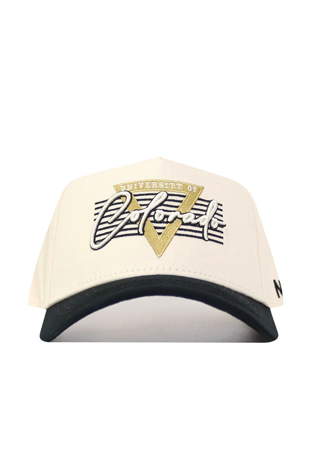 The Colorado Triangle Game Cap Hat is a cream and black snapback featuring "University of Colorado" embroidered in gold, white, and black on the front. This officially licensed cap offers a structured fit for lasting style.