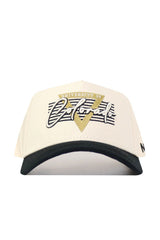 The Colorado Triangle Game Cap Hat is a cream and black snapback featuring "University of Colorado" embroidered in gold, white, and black on the front. This officially licensed cap offers a structured fit for lasting style.
