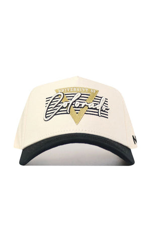 The Colorado Triangle Game Cap Hat is a cream and black snapback featuring "University of Colorado" embroidered in gold, white, and black on the front. This officially licensed cap offers a structured fit for lasting style.