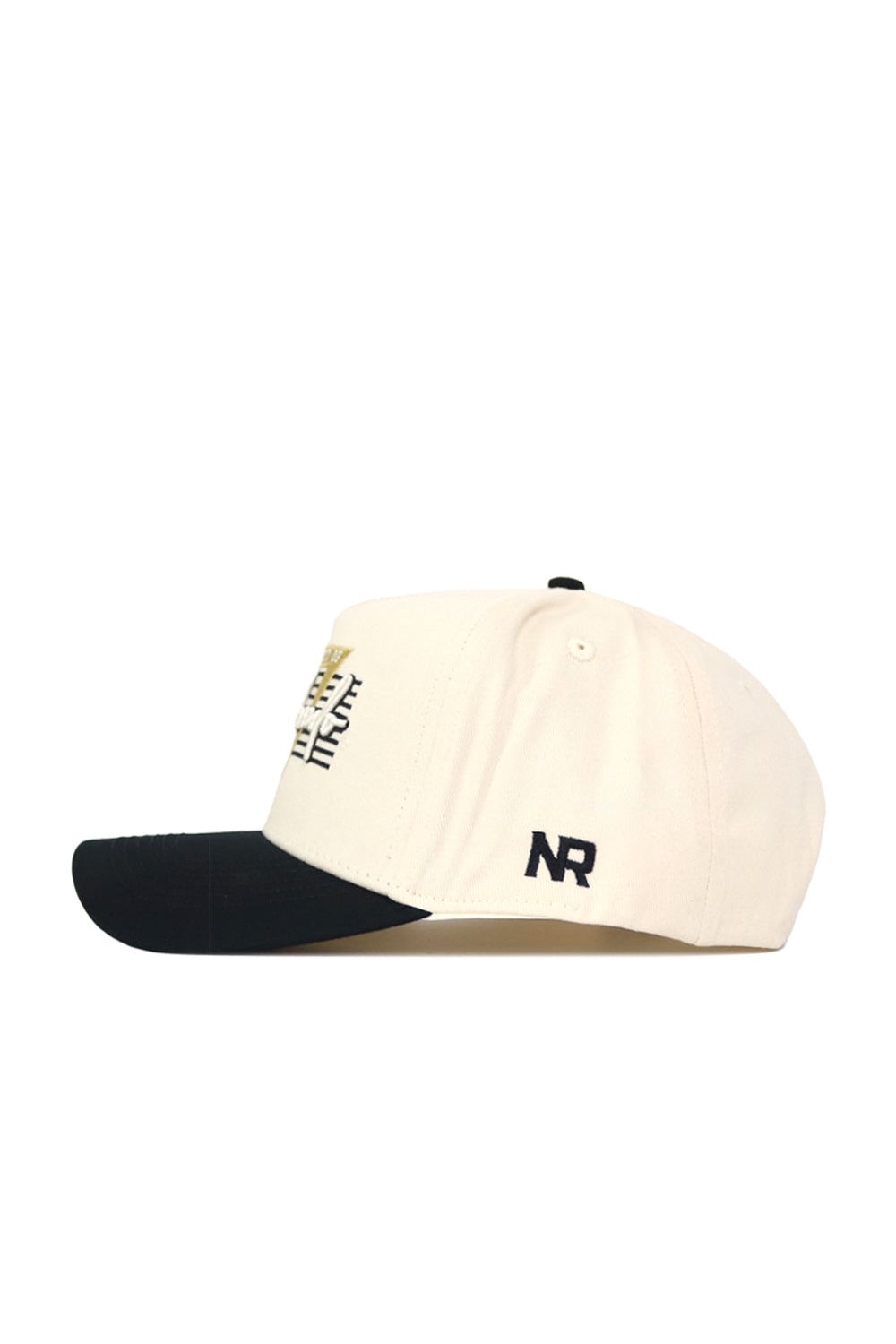 The Colorado Triangle Game Cap Hat is a structured snapback with a white crown, black brim, black top button, embroidered black NR on the side, and a front panel featuring an abstract black and gold design.