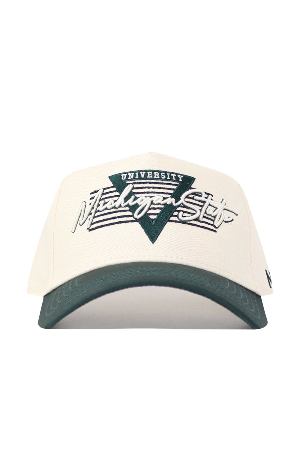 The No Rivals Michigan State Triangle Game Cap Hat is a white cap with a green brim, featuring "University Michigan State" embroidered on the front in green and white. It offers a structured fit and is officially licensed for authentic fan style.
