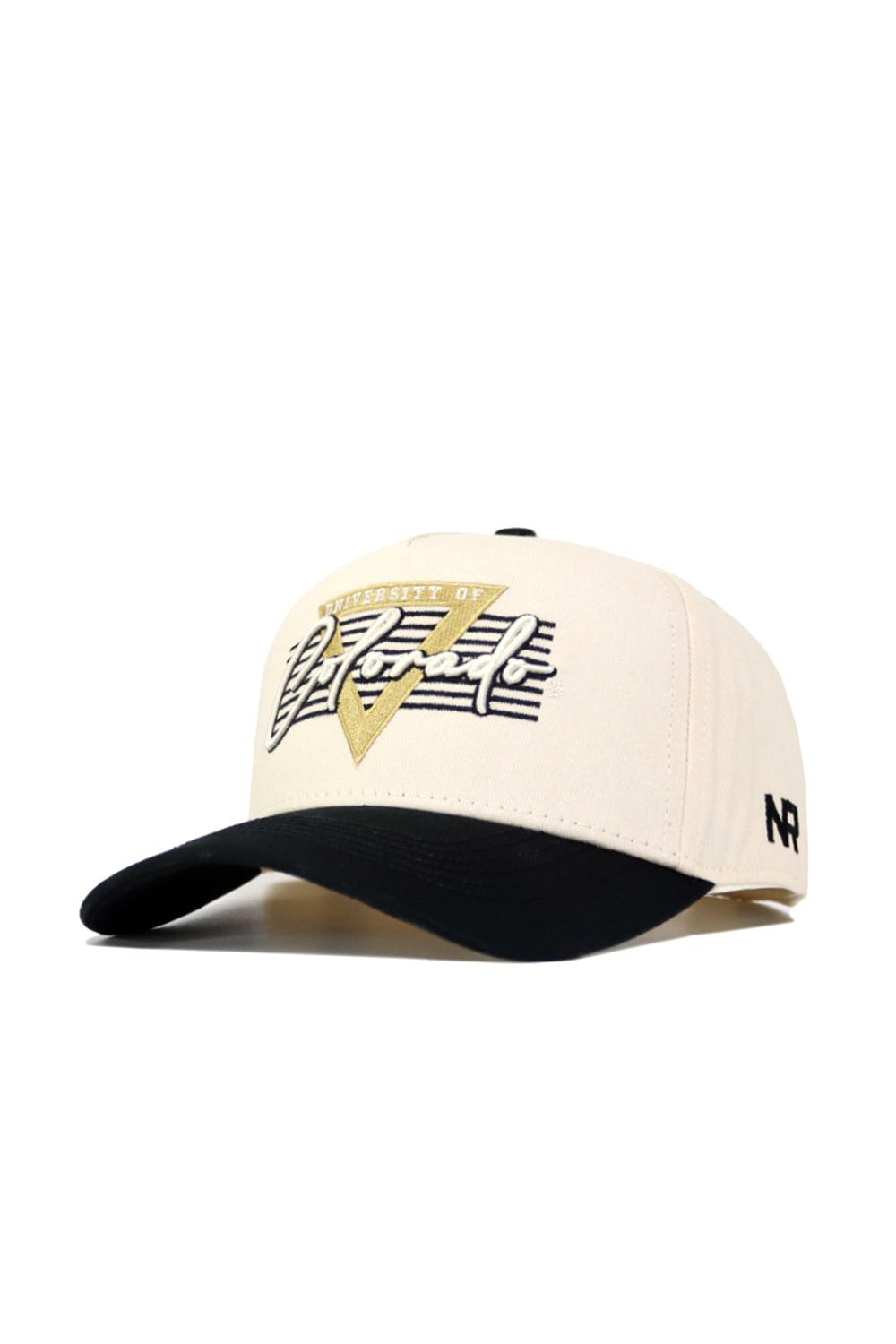 The Colorado Triangle Game Cap Hat is a beige baseball cap with a black brim, featuring University of Nevada in gold, black, and white on the front. This officially licensed snapback has NR embroidered in black on the left side.