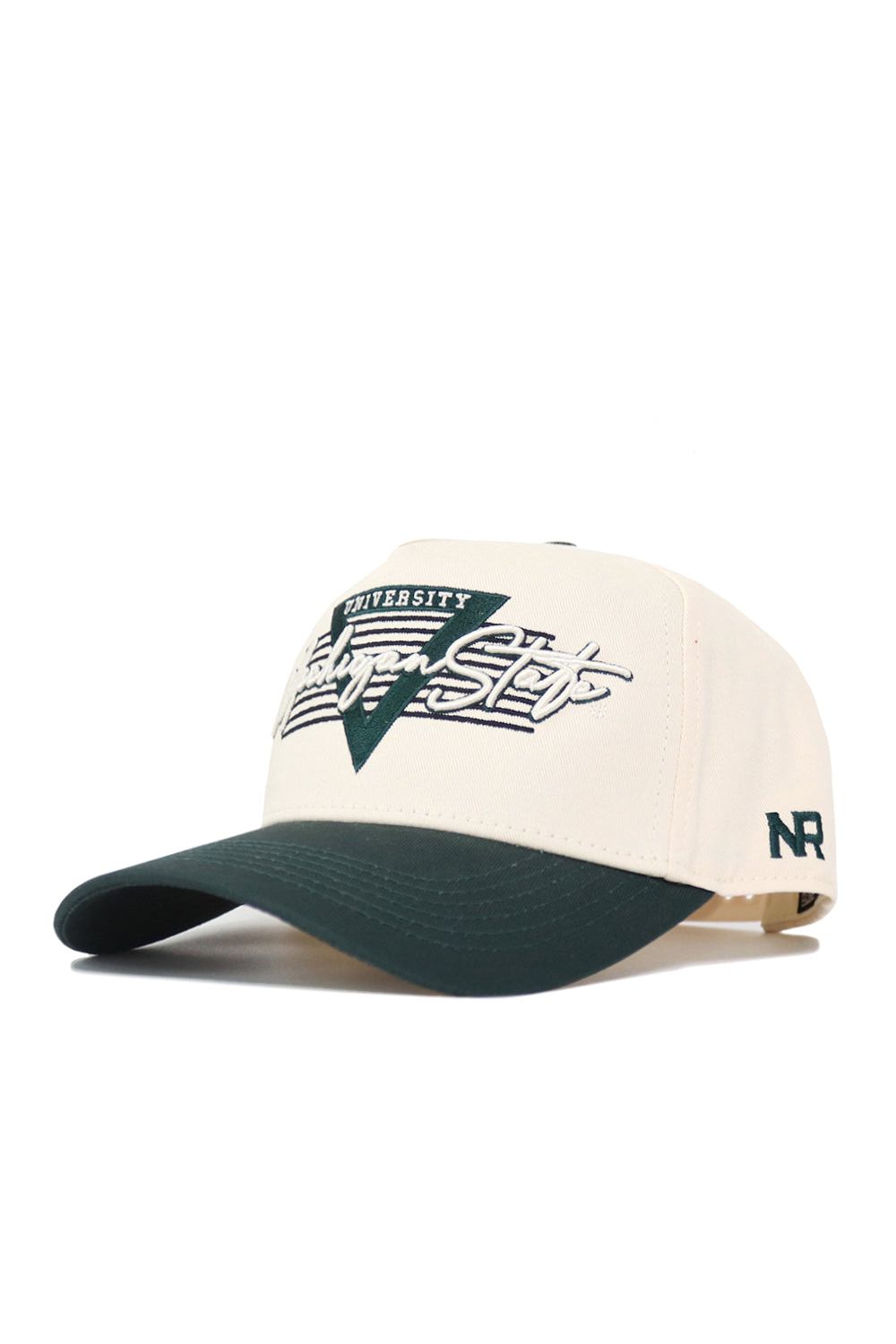 The No Rivals Michigan State Triangle Game Cap Hat is beige with a dark green brim, structured fit, green triangle and "University Action Stits" text on front, "NR" stitched on left side, and an adjustable snapback closure.