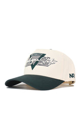 The No Rivals Michigan State Triangle Game Cap Hat is beige with a dark green brim, structured fit, green triangle and "University Action Stits" text on front, "NR" stitched on left side, and an adjustable snapback closure.