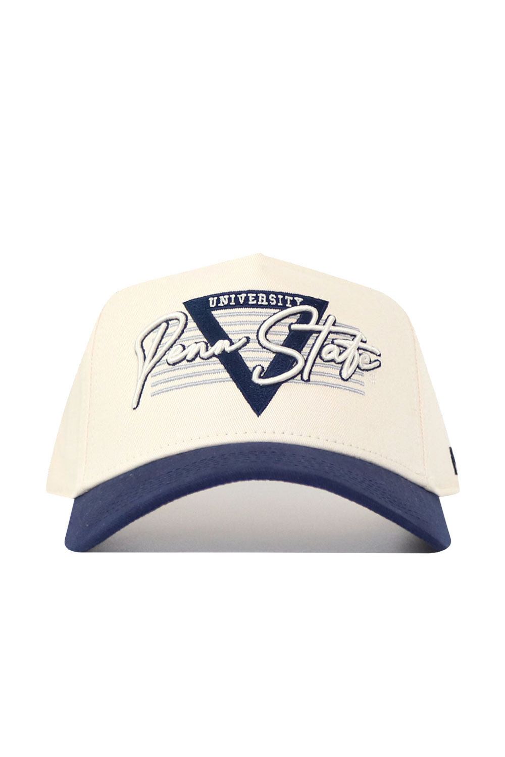 The No Rivals Penn State Triangle Game Cap Hat is cream with a navy brim, features "University Penn State" embroidered above a large blue triangle, and has a structured fit for lasting comfort. Officially licensed.
