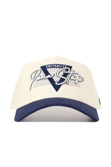The No Rivals Penn State Triangle Game Cap Hat is cream with a navy brim, features "University Penn State" embroidered above a large blue triangle, and has a structured fit for lasting comfort. Officially licensed.