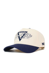 The No Rivals Penn State Triangle Game Cap Hat is a beige snapback with a navy brim, featuring Penn State University embroidery on the front and "NF" stitched on the side for a comfortable, structured fit. Officially licensed.