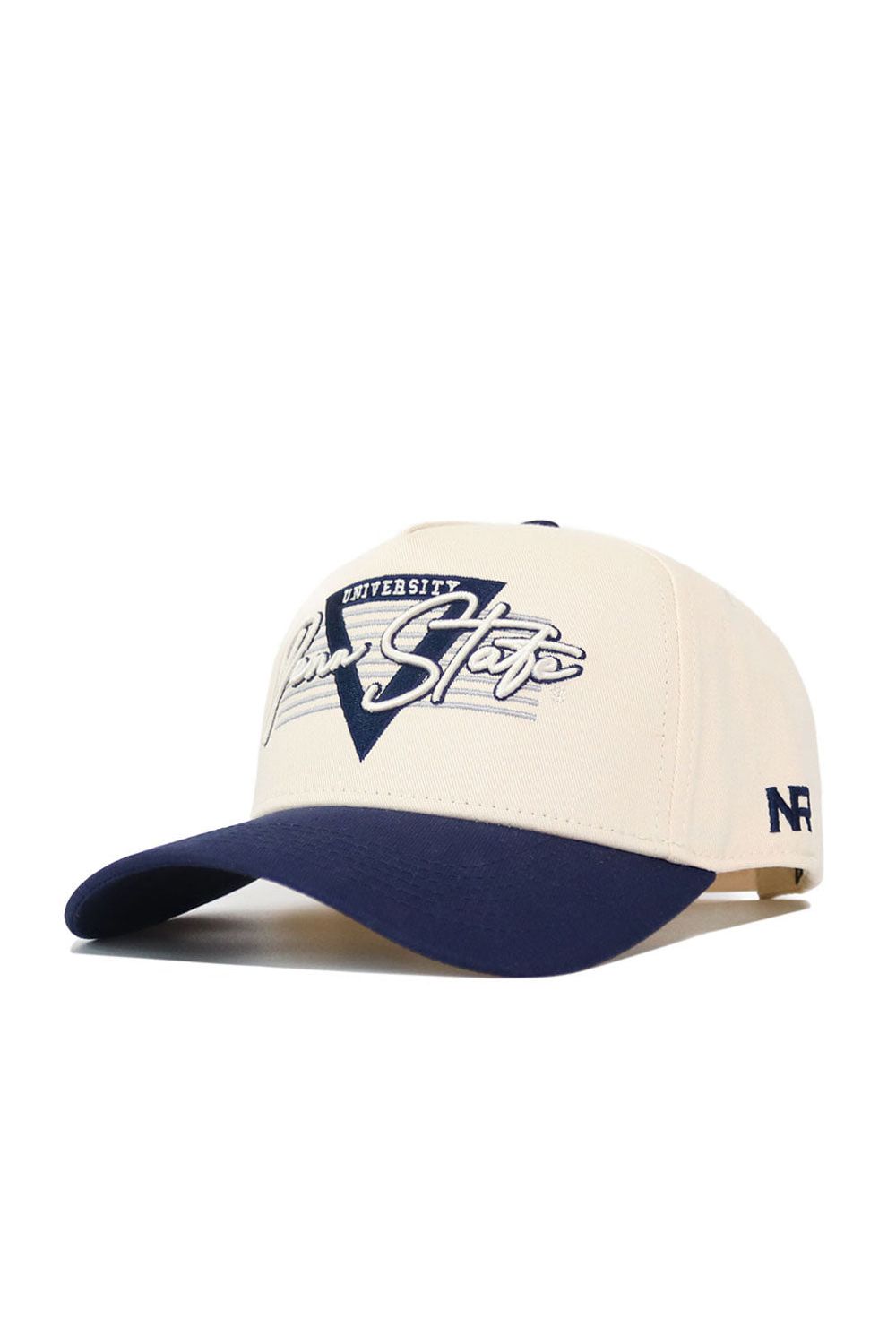 The No Rivals Penn State Triangle Game Cap Hat is a beige snapback with a navy brim, featuring Penn State University embroidery on the front and "NF" stitched on the side for a comfortable, structured fit. Officially licensed.