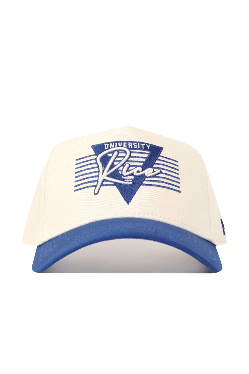 The No Rivals Rice Triangle Game Cap Hat is cream with a blue bill, featuring a blue triangle and stripes plus "University Rice" embroidered in blue. This structured snapback is officially licensed for authenticity.