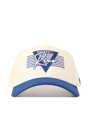 The No Rivals Rice Triangle Game Cap Hat is cream with a blue bill, featuring a blue triangle and stripes plus "University Rice" embroidered in blue. This structured snapback is officially licensed for authenticity.