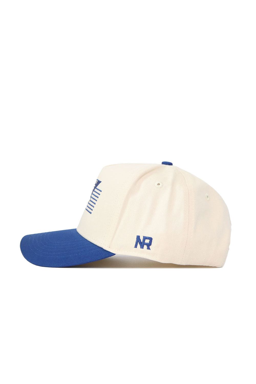 The Rice Triangle Game Cap Hat by No Rivals is a cream-colored structured snapback with a blue brim, blue NR side logo, and a front panel featuring horizontal lines and lettering—an officially licensed accessory to elevate any look.