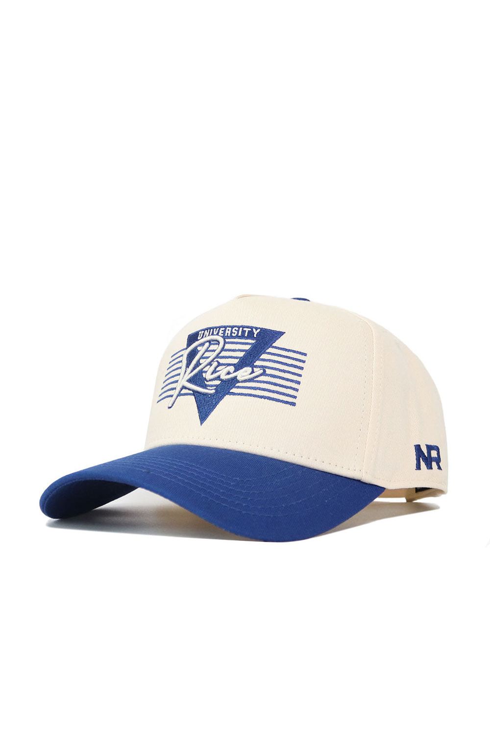 The Rice Triangle Game Cap Hat by No Rivals is a beige and blue structured snap back featuring “University Rice” and a blue “R” on the front, horizontal blue lines, and "NR" on the brim—officially licensed for any fan.