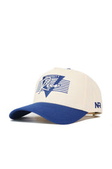 The Rice Triangle Game Cap Hat by No Rivals is a beige and blue structured snap back featuring “University Rice” and a blue “R” on the front, horizontal blue lines, and "NR" on the brim—officially licensed for any fan.