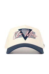 The No Rivals Ole Miss Triangle Game Cap Hat is an officially licensed cream cap with a dark blue brim, featuring a blue triangle with white stripes, "REBELS" on top, and Ole Miss in bold red and white script for a structured fit.