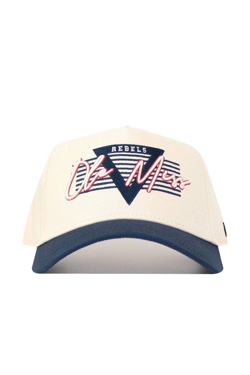 The No Rivals Ole Miss Triangle Game Cap Hat is an officially licensed cream cap with a dark blue brim, featuring a blue triangle with white stripes, "REBELS" on top, and Ole Miss in bold red and white script for a structured fit.