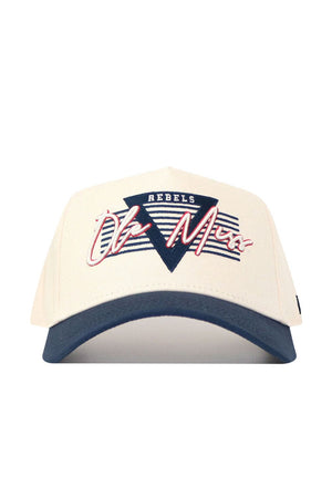 The No Rivals Ole Miss Triangle Game Cap Hat is an officially licensed cream cap with a dark blue brim, featuring a blue triangle with white stripes, "REBELS" on top, and Ole Miss in bold red and white script for a structured fit.