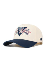 The Ole Miss Triangle Game Cap Hat by No Rivals is an officially licensed cream baseball cap with a navy brim, featuring an embroidered red, white, and blue Rebels logo, NF initials on the side, and an adjustable snap back closure.
