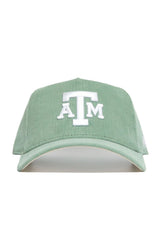 The No Rivals Texas A&M Corduroy Hat - Structured - Spring Green (B2B) is a high-quality sage green snapback with a structured fit and white embroidered ATM logo, shown from the front view.