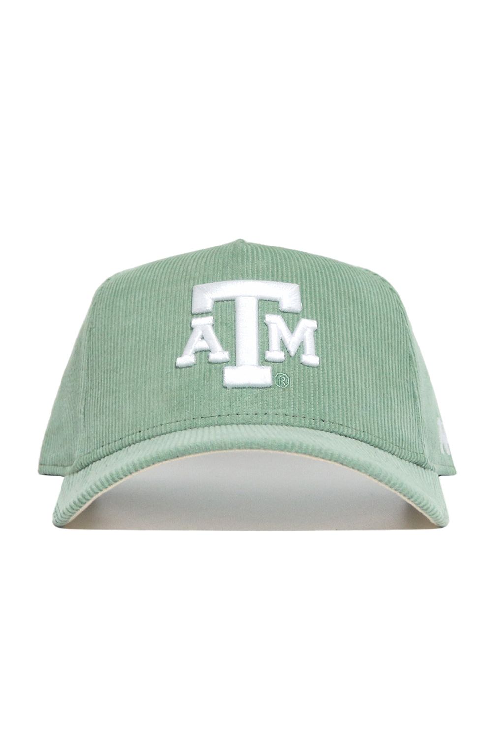 The No Rivals Texas A&M Corduroy Hat - Structured - Spring Green (B2B) is a high-quality sage green snapback with a structured fit and white embroidered ATM logo, shown from the front view.
