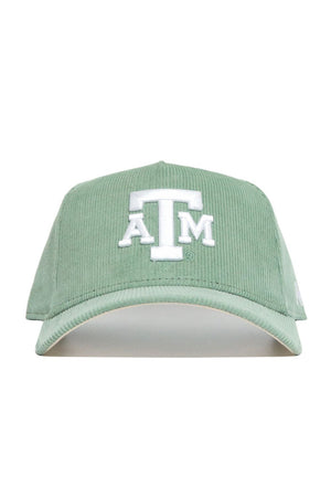 The No Rivals Texas A&M Corduroy Hat - Structured - Spring Green (B2B) is a high-quality sage green snapback with a structured fit and white embroidered ATM logo, shown from the front view.