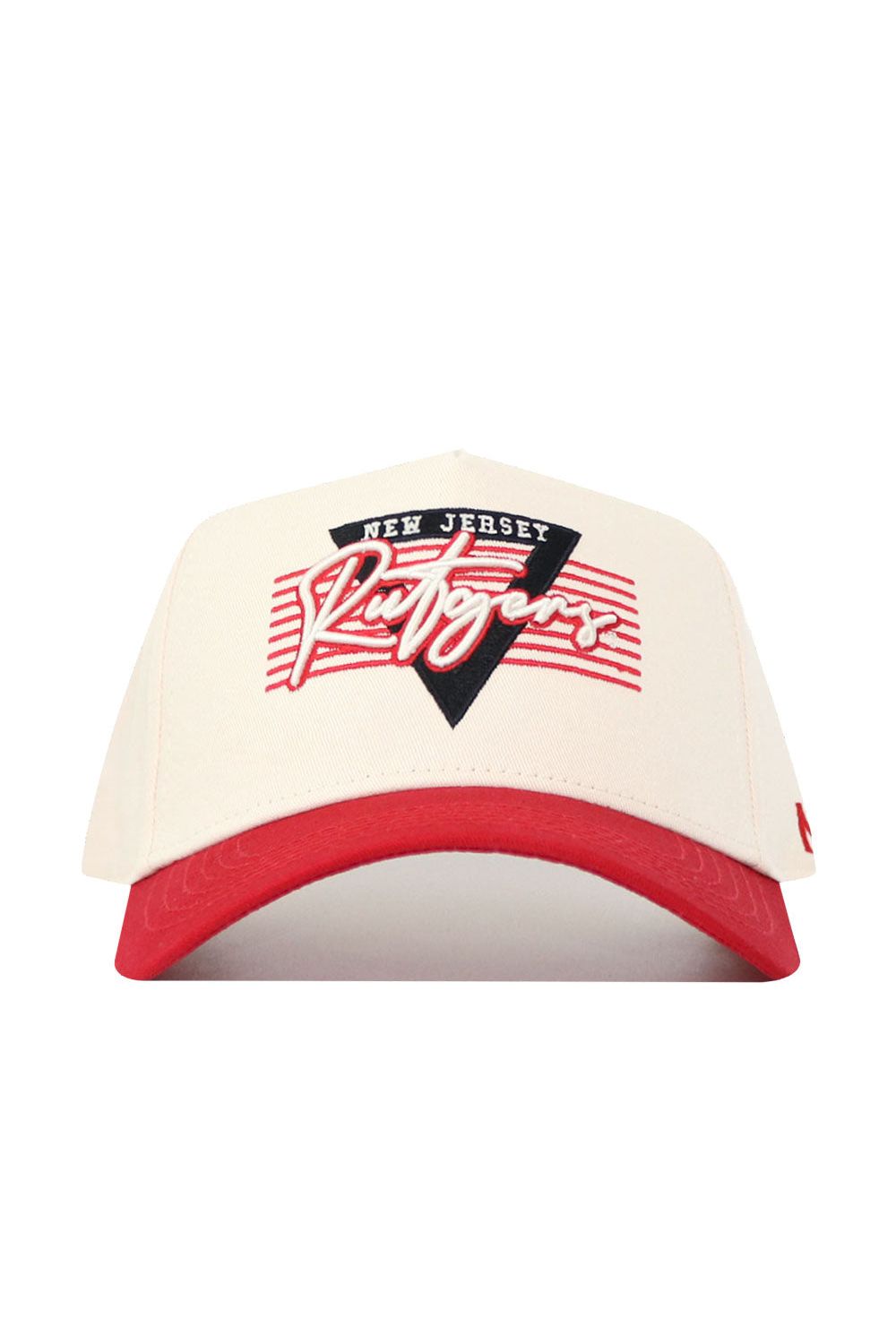 The No Rivals Rutgers Triangle Game Cap Hat is a cream snapback with a structured fit, red brim, and “NEW JERSEY Rutgers” text plus red stripes in a black triangle on the front, made from high quality cotton.