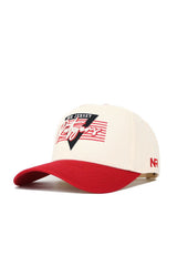 The No Rivals Rutgers Triangle Game Cap Hat features a beige and red design, triangular front logo, red embroidered NR on the side, curved red brim, structured fit, and is crafted from high-quality cotton.