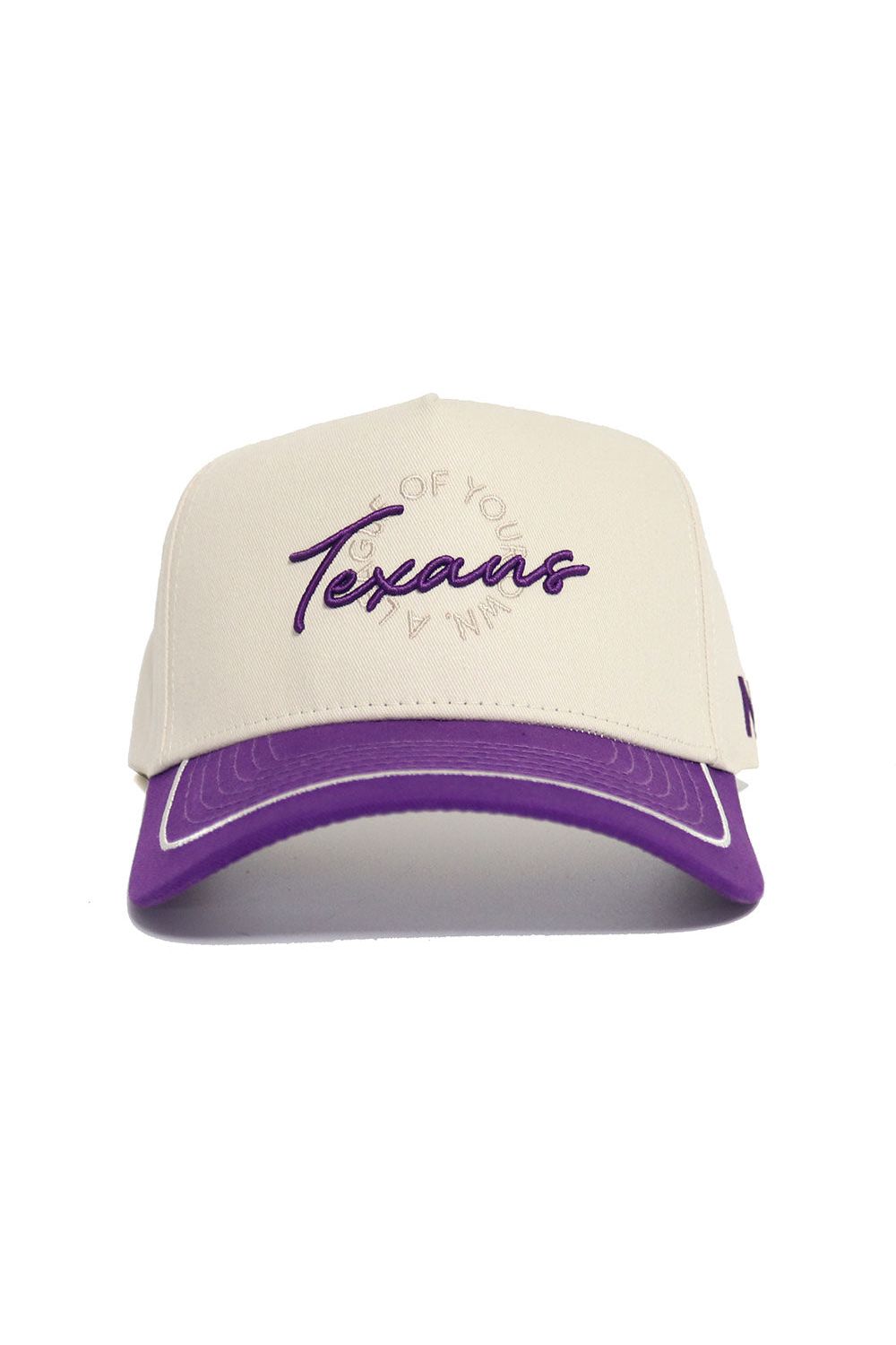 The Tarleton State Texans ALOYO Hat by No Rivals features a cream structured fit, purple brim, "Texans" embroidered in purple with arched text above, crafted from premium cotton, and finished with an adjustable snapback closure.