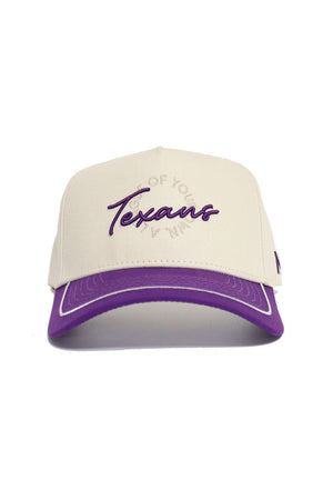 The Tarleton State Texans ALOYO Hat by No Rivals features a cream structured fit, purple brim, "Texans" embroidered in purple with arched text above, crafted from premium cotton, and finished with an adjustable snapback closure.