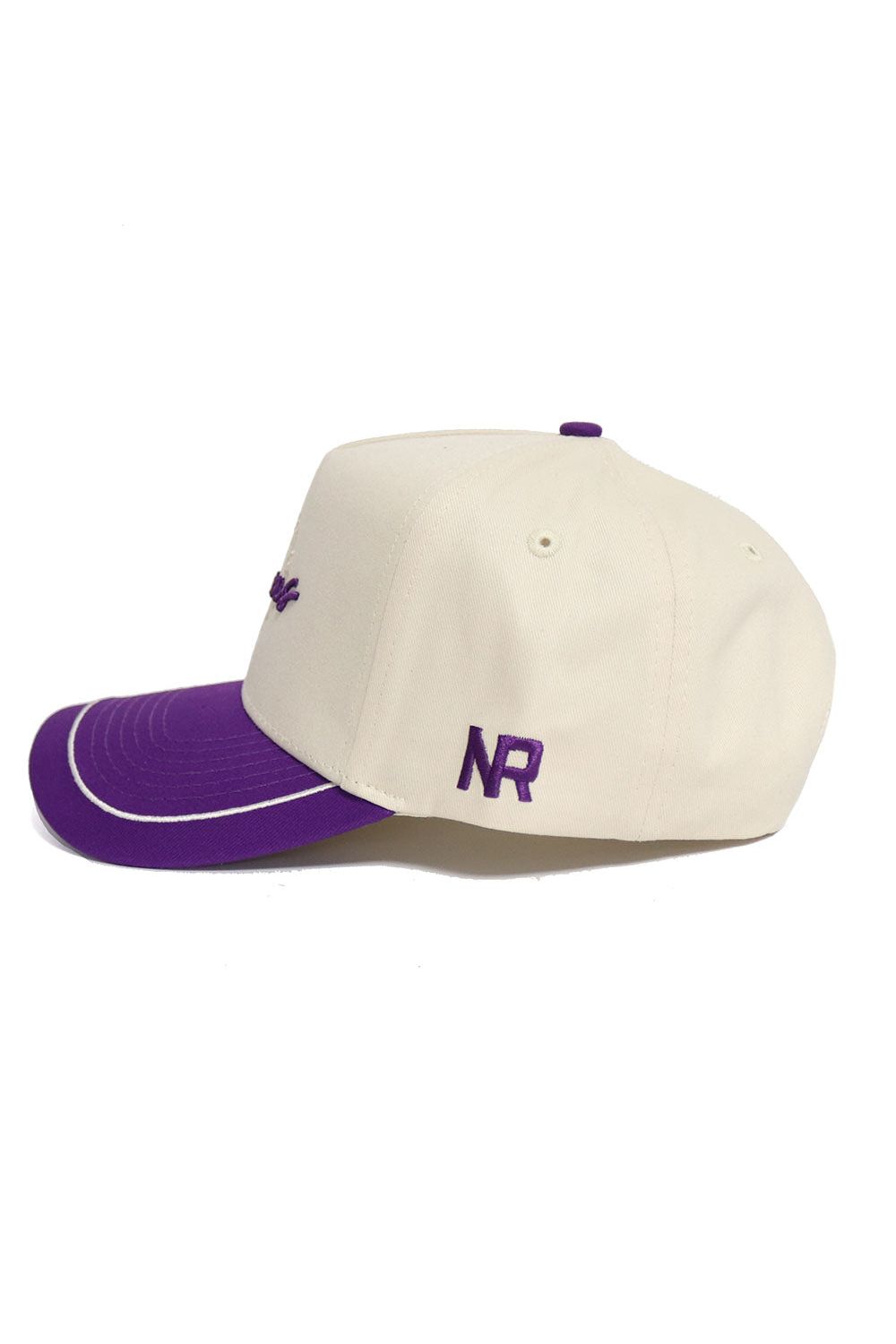 The Tarleton State Texans ALOYO Hat by No Rivals is a cream structured fit cap with a purple brim and purple NR initials embroidered on the side, made from high quality cotton and shown from the left.