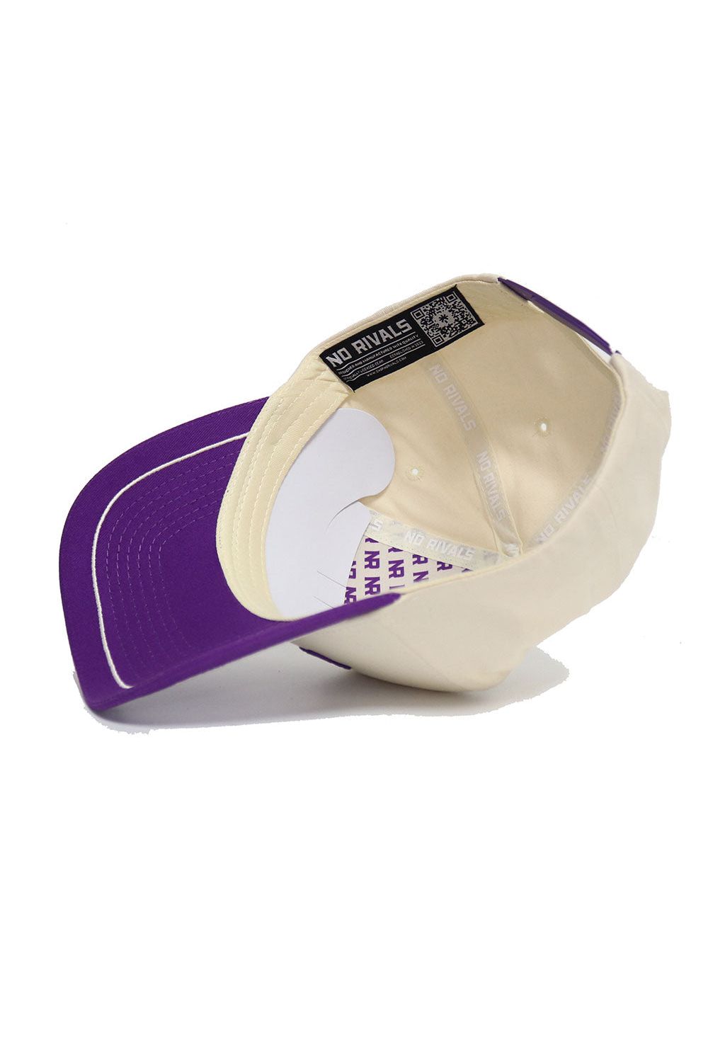 The Tarleton State Texans ALOYO Hat by No Rivals features a structured cream and purple snapback design with a curved purple brim, white stitching, and an inside label that reads "NO RIVALS.
