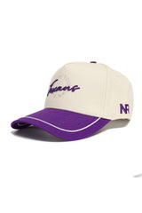The No Rivals Tarleton State Texans ALOYO Hat is a cream cotton structured snapback with a purple brim and accents. "Texans" is embroidered in cursive on the front, with NR stitched in purple on the side for added style and adjustable comfort.