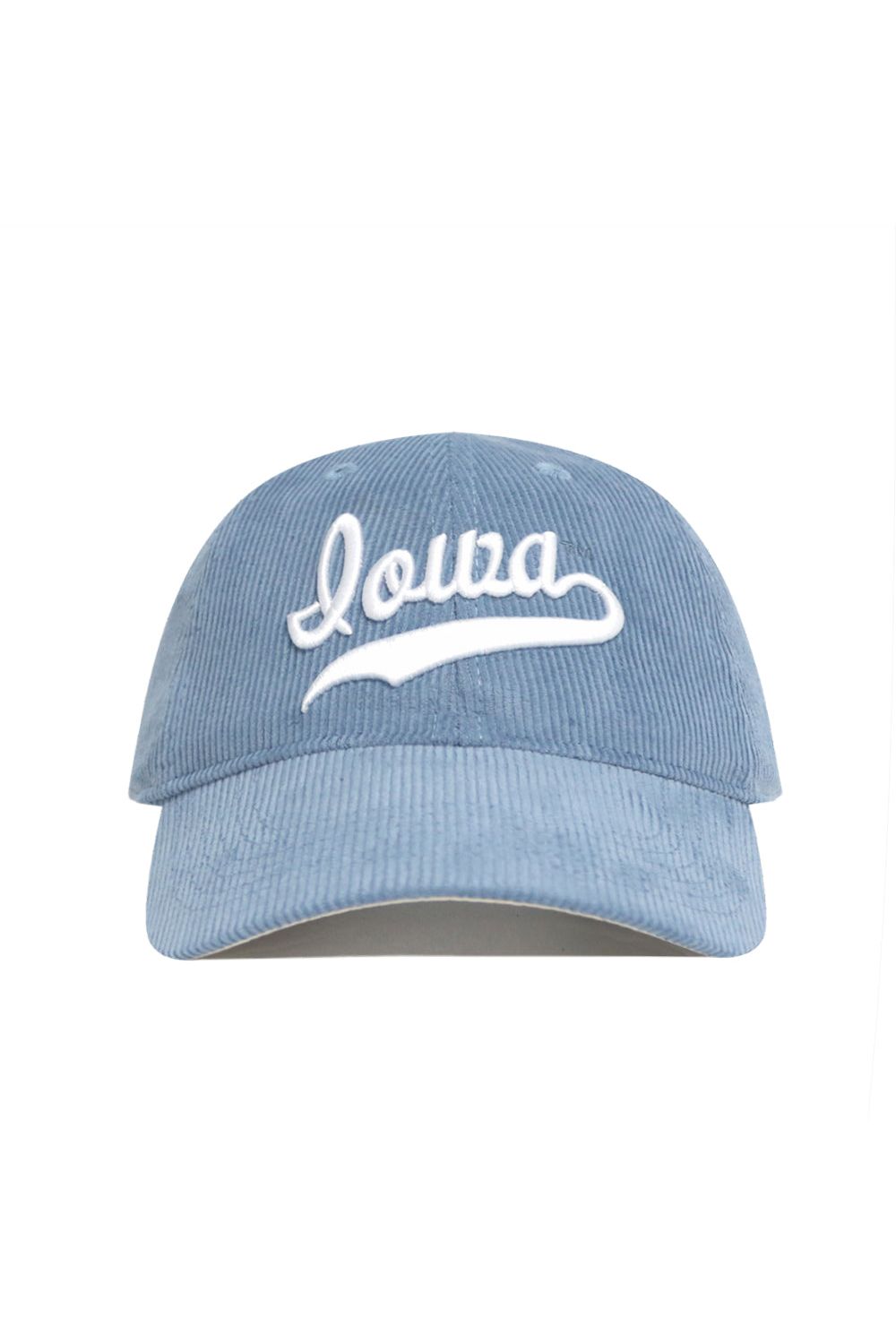 Introducing the Iowa Corduroy Hat - Unstructured - Sky Blue from No Rivals’ Spring Showers Collection. This light blue, unstructured 6-panel cap features "Iowa" embroidered in white script on the front, and is displayed facing forward against a plain white background. An adjustable strap ensures a comfortable fit.