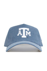 The No Rivals Texas A&M Corduroy Hat - Structured - Sky Blue (B2B) features white embroidered ATM letters, an officially licensed design, and is shown on a white background.