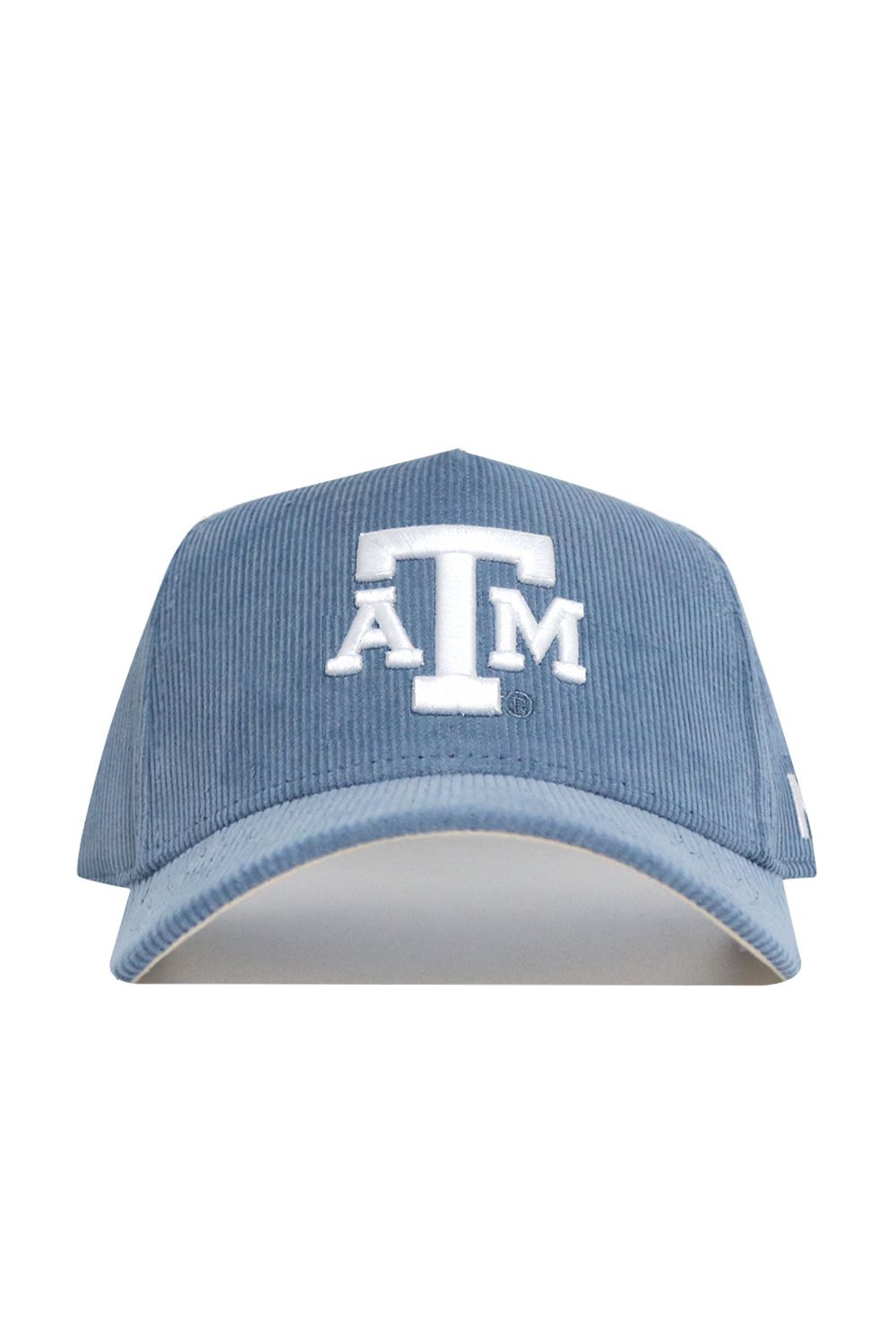 The No Rivals Texas A&M Corduroy Hat - Structured - Sky Blue (B2B) features white embroidered ATM letters, an officially licensed design, and is shown on a white background.