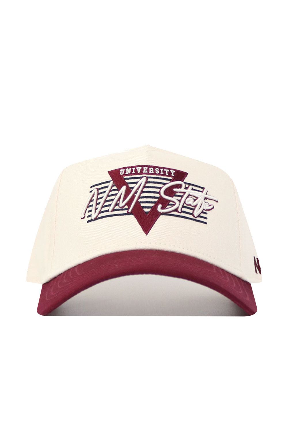 The No Rivals New Mexico State Triangle Game Cap Hat features a cream body, maroon brim, "UNIVERSITY" and "NM State" text in maroon and white above blue stripes on the front. This structured snapback is officially licensed for team spirit.
