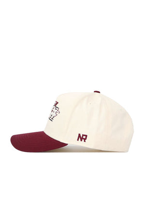 The No Rivals New Mexico State Triangle Game Cap Hat features a cream snapback, maroon brim, side NR initials embroidery, and a partially visible maroon and white front logo in a structured fit.