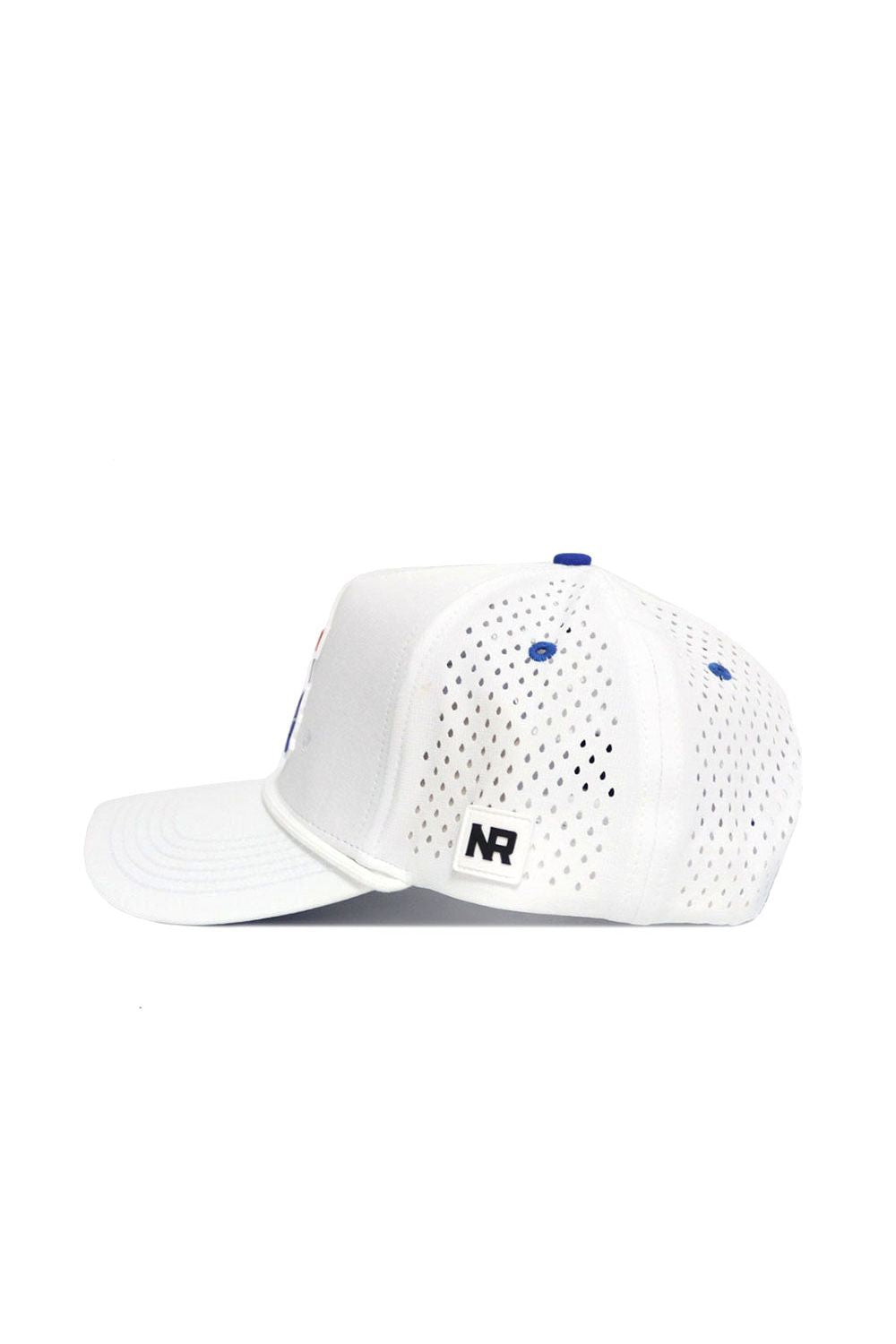 The LA Tech Gameday Hat is a white snapback with perforated back panels, a blue top button, and a black NR logo tag by the adjustable strap. Shown in side profile—just right for your next gameday look.
