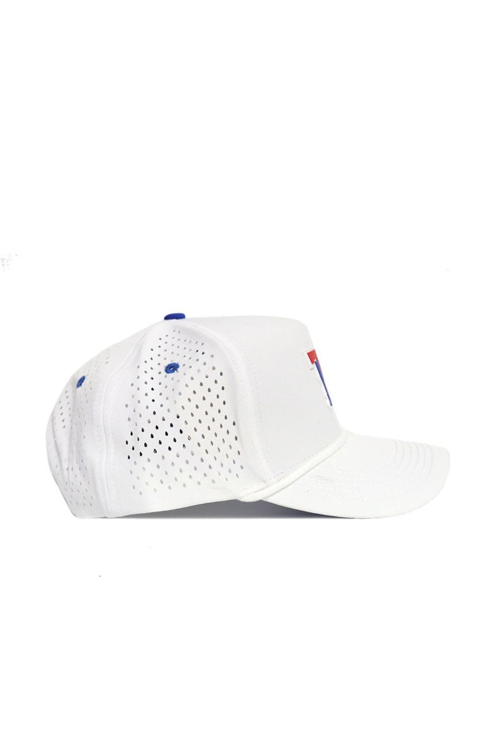 The LA Tech Gameday Hat is a white snapback baseball cap with perforated side panels for ventilation and blue accents, shown in left profile against a plain white background—perfect for your gameday fit.